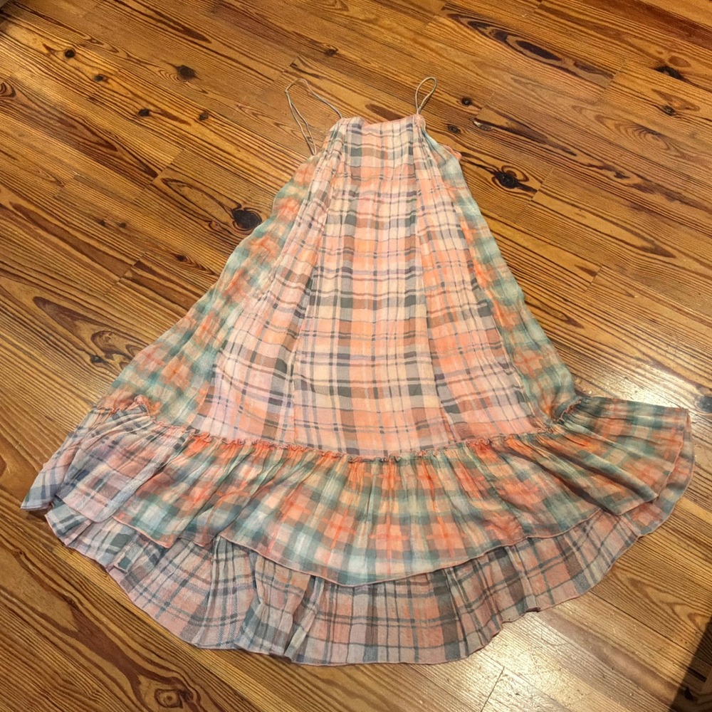 Free People Raine Maxi Dress FP One Sz S Plaid High Low Ruffle Boho Fairy EUC
